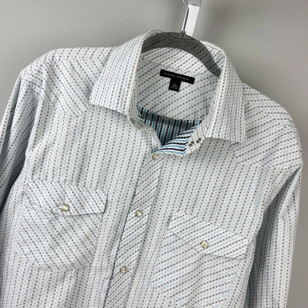 Vintage Banana Republic Pearl Snap Shirt Mens XL Blue White Long Sleeve Y2K